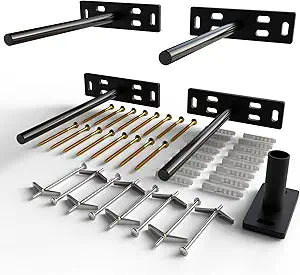 Set of 4 Floating Shelf Brackets Heavy Duty (1/4 inch Thick Baseplate) Painted Black Mild Steel/ Bracket for Hidden Wall Shelves Support Hardware Mount Kitchen/Nursery Decor (8 inch Rods)