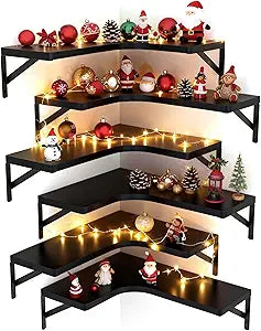 LEOPO Corner Floating Shelves Wall Mounted Set of 6, Corner Wall Shelves Rustic Wood Storage Display for Home Decor, Bedroom, Living Room, Kitchen, Office, Bathroom, Laundry Room, Black