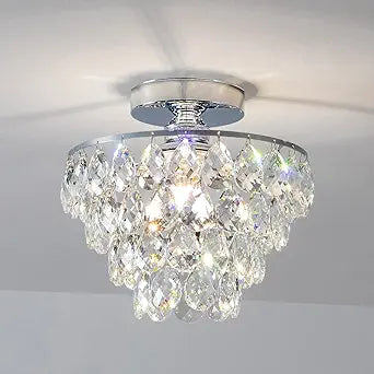 CM MZY Mini Crystal Chandelier Ceiling Light Small, Modern Chrome Crystal Flush Mount Ceiling Light, E26 Base Farmhouse Ceiling Lighting Fixture for Bedroom Bathroom Closet Hallway Kitchen