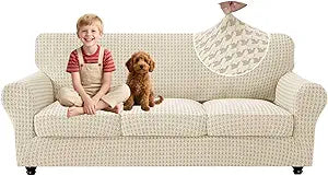 MAXIJIN 4 Pieces Stretch Couch Covers for 3 Cushion Sofa Pet Friendly Couch Cover for Dogs Washable Sofa Slipcovers Thick Soft Furniture Protector with Non Slip Strap (Beige, 71"-91")
