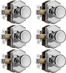 6 Pack Pismo Doorknobs with Lock for Bath & Bedroom, Polished Chrome Interior Door Knobs with Camelot Trim