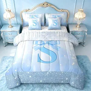 Feelyou Blue Bowknot Comforter Set Full Size 7 Pieces Initial Letter S