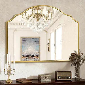 Scalloped Gold Wall Mirror, 36x26 Inch Arched Mirror Decorative, Elegant Mirror Wall Decor for Entryway, Bathroom Vanity, Hallway, Fireplace