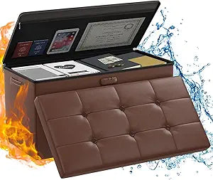 ENGPOW Storage Ottoman Bench,Fireproof Folding Bench with Lock,30 Inches FireWater Resistant Storage Chest Foot Rest Stool Leather Bedroom Bench with Storage Safe for Document,Valuables, Brown