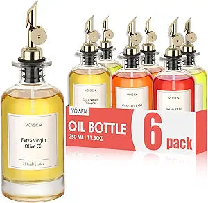 VOISEN Olive Oil Dispenser Bottle for Kitchen, Glass Oil Bottle Set of 6, Coffee Syrup Dispenser,Glass Oil Container with Metal Pourer,Funnel,56 Waterproof Labels