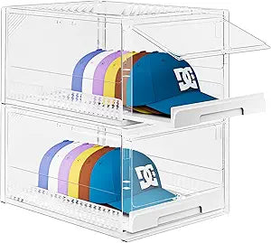 2 Pack Hat Organizer Box, Hats Storage Organizer Adjustable Dividers, Stackable Design Storage Box with Sliding Drawer for Hat Holder, Baseball Caps Organizer, Hat Rack Display Case(Clear)