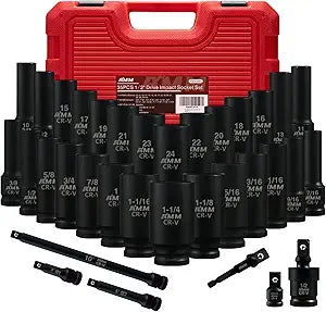 AMM 1/2" Drive Deep Impact Socket Set, 35-Piece Socket set SAE 3/8 to 1-1/4 inch and Metric 10-24mm Size, Includes Extension Bars, Universal Joint and Adapter, 6 Point Design,Cr-V steel