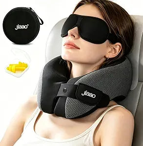 jiaao Neck Travel Pillow Memory Foam 360 Neck Support Pillows for Airplane | Ergonomic Neck Pillow for Long Flight, Airplanes, Cars & Trains, Kit with Eye Mask, Earplugs and Storage Box