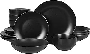Gibson Home Queenslane 16-Piece Matte Black Stoneware Dinnerware Set Double Bowl Plates and Bowls, Durable Kitchen Dinner Set