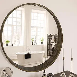 Round Oak Solid Wood Mirror, 24-Inch, Walnut Narrow-Top Wide-Bottom Frame, Modern Decorative Makeup Mirror for Bathroom, Bedroom, Living Room(Walnut, 24" x 24")