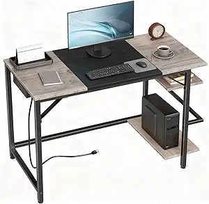 HOOBRO Small Computer Desk, Home Office Desk with Power Outlet, Writing Desk with 2 Shelves, Modern Small Desk for Home Office, Study, Easy to Assemble, Charcoal Gray and Black BG43UDN01