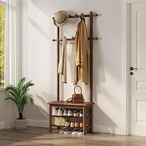 AQIMUELE Coat Rack with Shoe Storage, Narrow Wooden Hall Tree with Bench, 11 Hooks and 2-Tier Storage Shelves, 3-in-1, Entryway Bench with Coat Rack (23.6"-Walnut)
