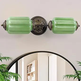 Klgxnrd Vintage Milk Glass Bathroom Light Fixtures, 2-Light Antique Vanity Lights with Emerald Green Pumpkin Glass Shade, Retro Wall Sconce for Kitchen Living Room Hallway