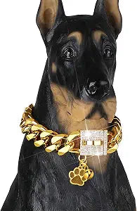 Dog Chain Collar Designer Luxury Dog Collar Gold with CZ Buckle 19mm Cuban Link Dog Chain Metal Dog Collars for Puppy Small Medium Large Dogs with Dog tag & Bell(16")