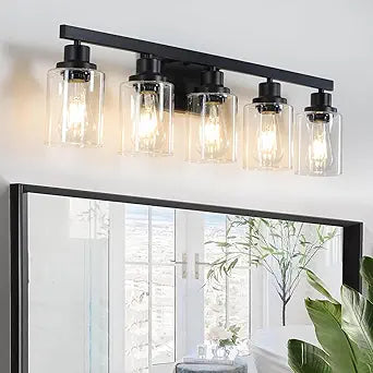 5-Light Black Bathroom Vanity Light, Modern Vanity Lighting Fixture for Bathroom, 31" Matte Light Fixture, Wall Sconces with Clear Glass Shade, Black Bathroom Wall Light Over Mirror