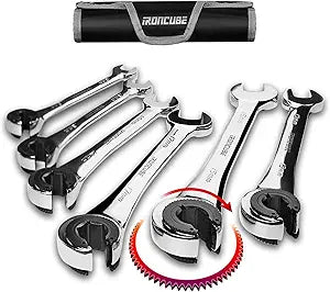 ironcube Brake Line Wrench Set: 6 Pcs Metric 10-17mm - Ratcheting Open-end for Nuts on Fuel, Brake or Air Conditioning Lines