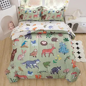 lishjekee 5Pieces Animal Comforter Twin for Kids Wild Animal Bedding Set Bed in A Bag Forest Wildlife Comforter and Sheets Set for Boys Girls Jungle Bear Wolf Deer Bed Set Home Decor