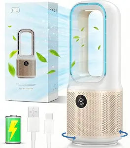 Small Bladeless Desk Fan Quiet, 14 Inch USB Rechargeable Table Fan with 5000mAh Battery, 60 Oscillating 9 Speeds Touch Control, 3 Light Modes, Mini Portable Fan for Office Bedroom Living Room