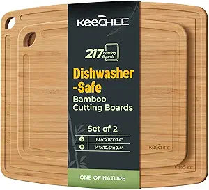 Keechee Dishwasher Safe Bamboo Cutting Boards Durable Lightweight Wood Cutting Board for Busy Kitchen, Easy Storage & Clean Wooden Chopping Boards with Juice Groove Set of 2 (M+S)