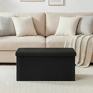 30 Inch Folding Storage Ottoman with Reversible Lid Coffee Table, Linen Fabric Multi-Functional Foot Rest & Seat for Living Room, Bedroom-Black