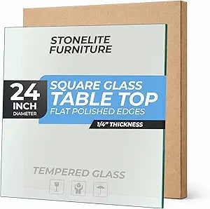 STONELITE FURNITURE 24" inch Square Tempered Glass Table Top - 1/4 inch Thickness & Flat Polished Edge - Clear Surface & Scratch Resistant - Ideal for Dining Room, Kitchen, Patio & Coffee Tables