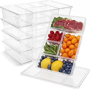 LemonRoad 4 Pack Divided Veggie Tray with Lid, Salad Bar Containers for Fridge Organizer, 5 Compartment Snackle Container, Clear Plastic Food Storage for Fruit, Salad, Vegetable, Snack