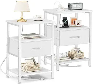 Vagusicc Night Stand Set 2, White Nightstand with Charging Station, Bed Side Table with Drawer, End Table with Storage Shelf for Living Room, Tall Bedside Table, White Night Stand for Bedroom
