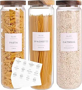 CZZGSM 3 Set Glass Pantry Storage Jars with Acacia Airtight Lid - 50oz Thicken Glass Kitchen Canisters with 132 Pantry Labels - Tall Food Storage Containers with Wood Lid for Pasta,Spaghetti,Cereal