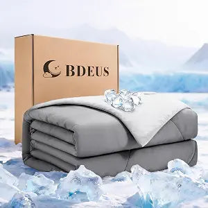 BDEUS Cooling Comforter Full/Queen Size with 2 Pillowcases Set, Soft Cooling Blanket for Hot Sleeper, Lightweight Summer Quilt, Cold Ice Feeling Double Side Bed Set, 90"X90", Grey/Light Grey