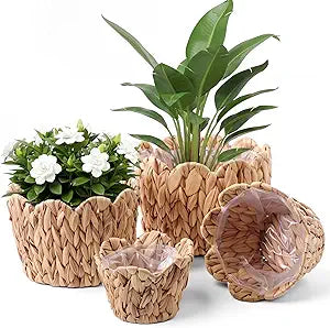 4 Pack Scalloped Wicker Plant Basket Water Hyacinth Plant Baskets Hand Woven Flower Pots Storage Containers with Plastic Liners for Indoor Outdoor Decoration, 10.2, 8.7, 7.5, 6 Inch(Untrim)