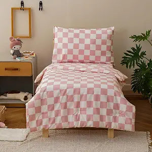 Pureant Pink Plaid Toddler Bedding Checkerboard Grid Comforter for Girls