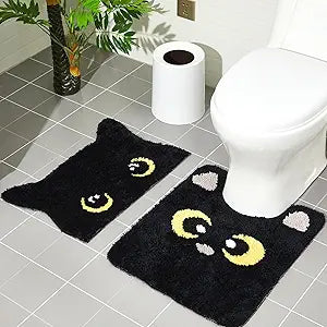 Drydiet 2 Pack Toilet Rugs Set U-Shaped Contour Mat Rectangular Mat, Non Slip Soft Absorbent Bathroom Rugs, Machine Wash, TPR, Fits Toilet Base(24" X 20" Plus 24" X 16",Black Cats,Black)
