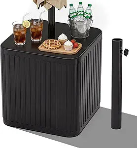 2-in-1 Umbrella Side Table 16.54" Outdoor Patio Table with Fillable 15 Gal Water/Sand Base, Fits 1.5" Pole, UV Resistant for Pool, Deck, Garden (Black)