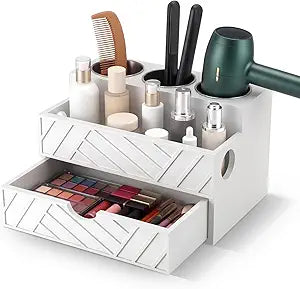 White Hair Tool Organizer with Drawer, Hair Brush Storage for Bathroom and Vanity Countertop, Fits Blow Dryer, Curling Iron, Makeup Brushes, Skincare, Hot Tools Organizer for a Tidy Counter