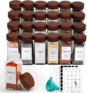 24 Pcs Spice Jars, 4oz Seasoning Containers with Acacia Wood Shaker Lids, Glass Spice Bottles with Labels, Square Seasoning Organizer, Kitchen Spice Container