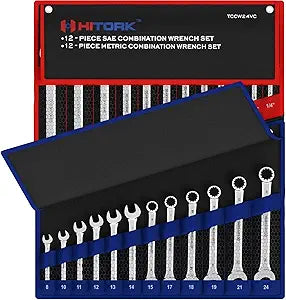 Hitork 24-Piece Combination Wrench Set, SAE (1/4"1") & Metric (824mm), Cr-V Steel, Mirror Chrome Finish, 12-Point Box End, 15 Offset, with Roll Pouch Ideal for Home, Garage & Auto Repair