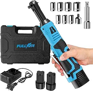 FULLYEA 3/8" Cordless Ratchet Wrench Set, 40 Ft-lbs, 550 RPM, 16.8V Electric Ratchet, Extended Power Ratchet Tool Kit with Variable Speed, 2 * 2.0Ah Battery, 1/4" Adapter & 3" Extension Bar(Blue)