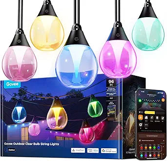 Govee Clear Bulb Outdoor String Lights, 96ft RGBWIC Dimmable Patio & Backyard Lights with 30 LED Bulbs, 111 Modes, IP67 Waterproof & Shatterproof, Works with Alexa, Google & Matter