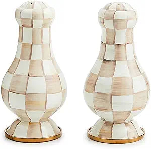 MACKENZIE-CHILDS Enamel Salt and Pepper Shakers, Kitchen Table Spice Shaker Set, Brown-and-White Mocha Check, Large