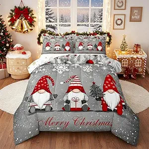 Erosebridal Christmas Gnomes Comforter Set, Xmas Theme Down Comforter for Kids Boys Girls Teens Adult, Santa Claus Snowflake Bell Quilt Merry Christmas Bedding Set with 2 Pillow Cases, Grey, Queen
