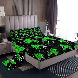 Feelyou Boys Dirt Bike Bedding Sheets Cool Sports Bed Sheets for Kids Boys Motocross Rider Bedding Fitted Sheet Fluorescent Green Bike Bed Set 1 Bed Sheets with 1 Pillowcase Twin Size