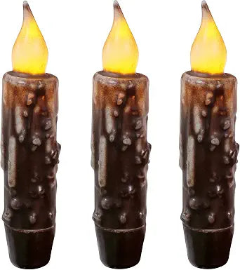CVHOMEDECO. Real Wax Hand Dipped Battery Operated LED Timer Taper Candles Country Primitive Flameless Lights Dcor, 4-3/4 Inch, Brown, 3 PCS in a Package