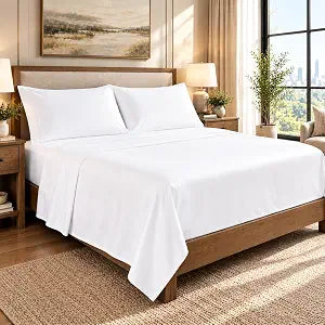 Texas Linen Co. Egyptian Cotton Sheets Queen Size ��� Everyday Bedding Cotton Queen Sheet Set (4 PC, White), Soft & Durable, Cooling, 16" Deep Pocket, Sateen Hotel Bedding Set - Easy Breezin' Collection