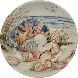 Coastal Landscape 128 oz. Ceramic Serving & Pasta Bowl 13" x 3" Large Round Bowl with Seashells, Starfish & Ocean Scene Coastal Centerpiece for Salads, Pasta, Shared Dishes & Entertaining