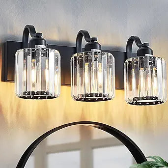 Modern 3-Lights Black Bathroom Vanity Light, Crystal Bathroom Lights Over Mirror, Modern Wall Lighting Fixtures with Crystal Round Shade (Exclude Bulb)