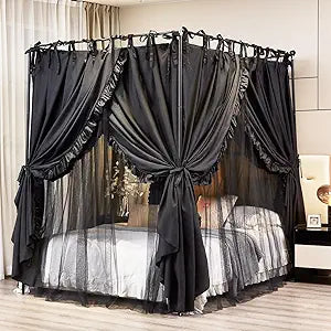 Akiky 4 Corners Post Canopy Bed Curtains Double Layer Cozy Drape Netting 4 Opening Mosquito Net Mesh for Girls Bedroom Decoration(Black,Queen)