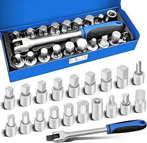 20PCS 3/8" Drive Oil Drain Sump Plug Key Set, Drain Plug Socket Set, Gearbox Hex Square Triangle Torx Spline Socket Set, Engine Repair Mechanic tool