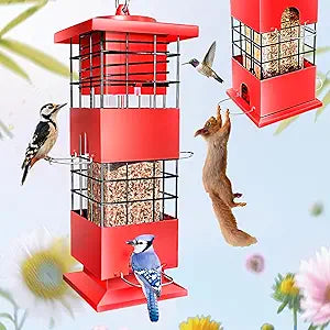 Bird Feeder Squirrel Proof,Metal Bird Feeders Anti-Squirrel with 4 Feeding Ports, 3Lb Large Birds Feeder for Outdoors Hanging, Wild Birds Feeder for Cardinal, Finch, Sparrow