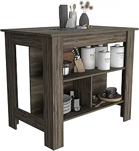 Tuhome Cala Kitchen Island with Antimicrobial Tabletop, Three Open Shelves, Upper Display Surface and Seating Workstation, Modern Multi-Use Organizer for Food Prep, Storage and Everyday Functionality