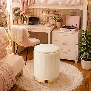 Yookeer Dorm Round Ottoman with Storage White Velvet Storage Ottoman with Removable Lid Support 330lbs Padded Seat Vanity Sorage Stool Footrest Stool for College Dorm Bedroom Living Room